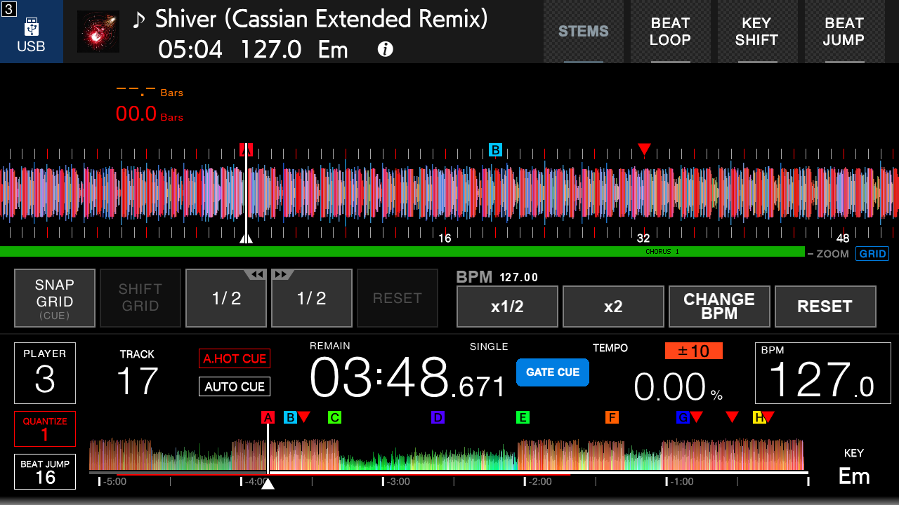 Beat-grid BPM editing controls on a CDJ-3000